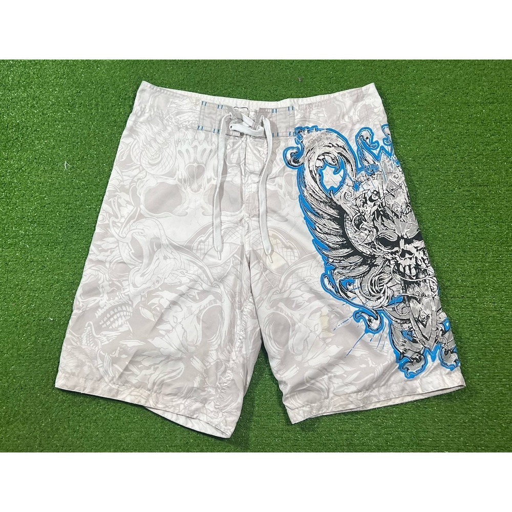 Y2K Board Shorts Skull & Sword SZ 34 Abstract Snake Angel Wi Fe VTG Swim Trunk